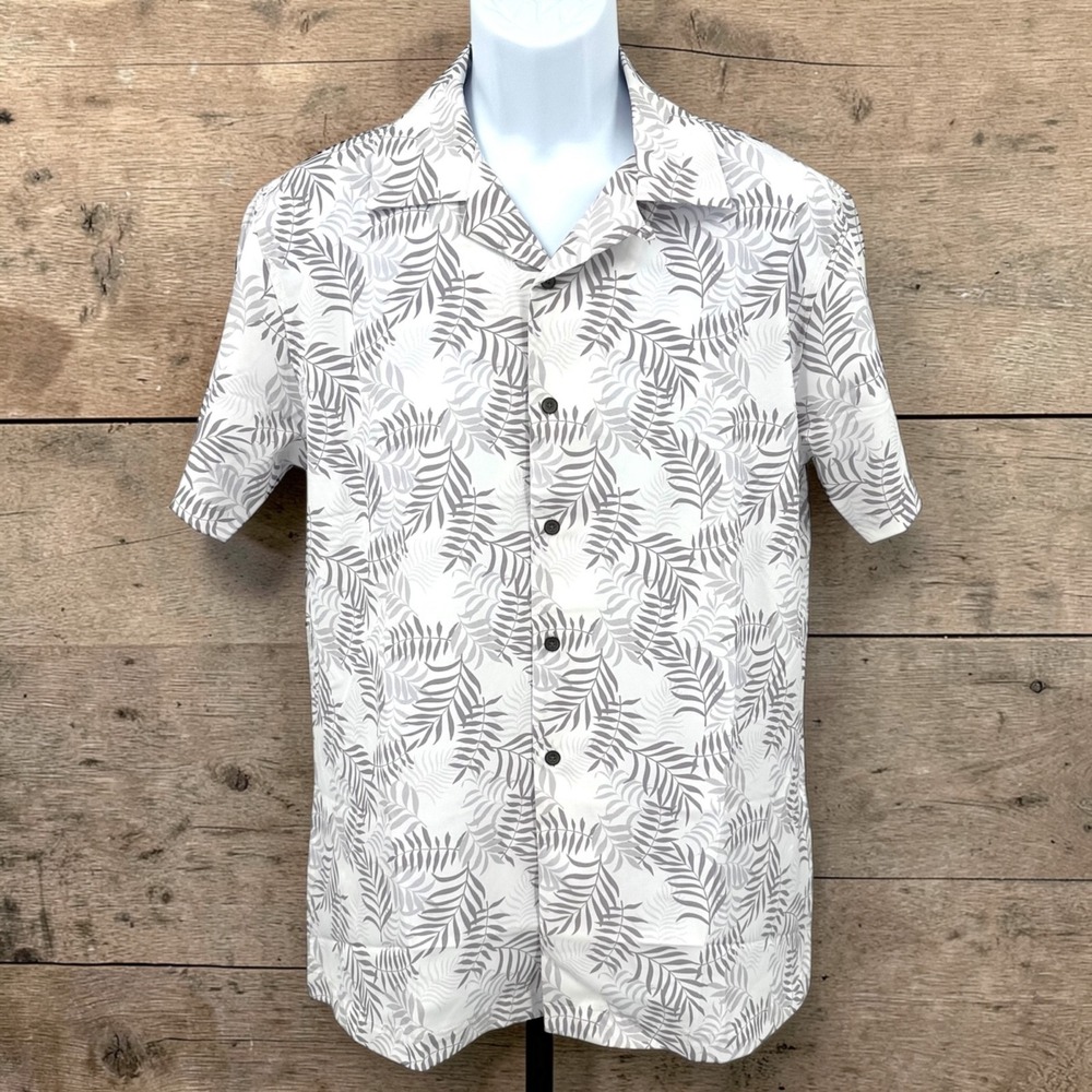 WRK Short Sleeve Camp Shirt Standard Slim Stretch White & Gray Men's Large NWT